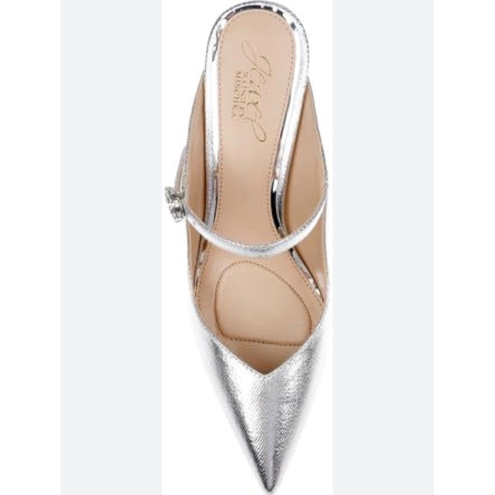 Jewel Badgley Mischka Silver Metallic Pointed Toe Crystal Buckle Mules Heels 6 - Picture 3 of 8